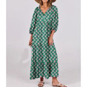 Floral Maxi Dress Size M Green Pink Boho Flowy Cottagecore Beachside Elegant